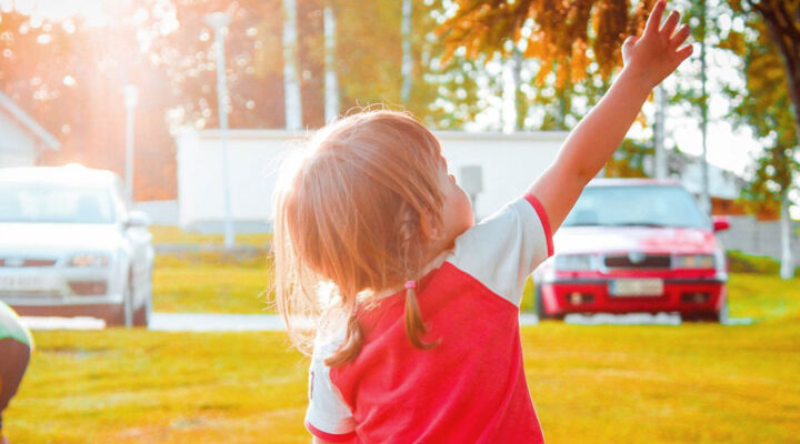 A little girl reaches towards a tree