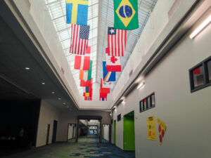 Flags hang from the ceiling at Sage International School of Boise