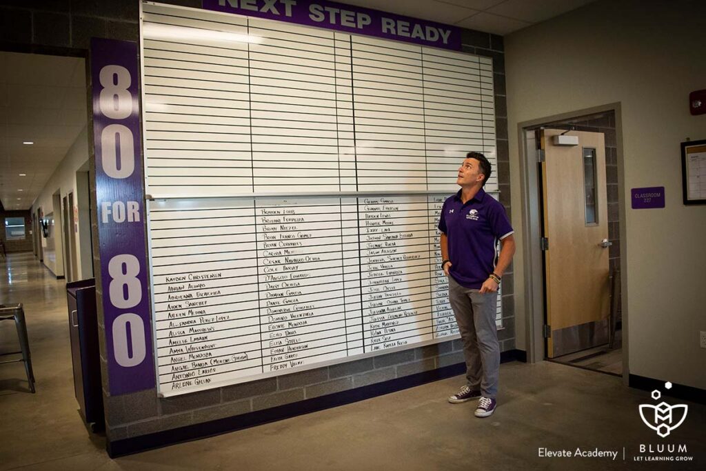 Career Placement Coordinator Brett Williams stand by the 80 for 80 white board