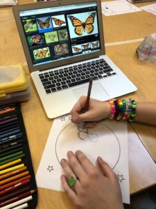 A student illustrates Idaho's state butterfly, using online images for reference. 